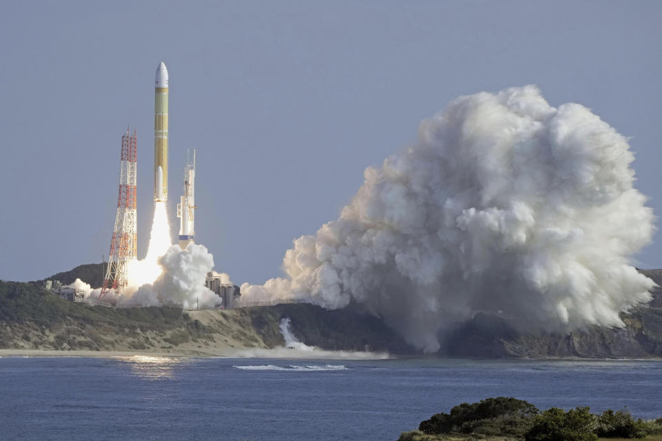 An H3 rocket lifts off at Tanegashima Space Center in Kagoshima, southern Japan Saturday, Feb. 17, 2024. (Kyodo News via AP)