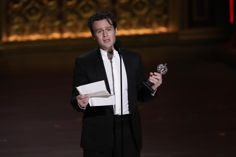 Jonathan Groff accepts the award for best performance by an actor in a leading role in a musical for "Merrily We Roll Along" during the 77th Tony Awards on Sunday, June 16, 2024, in New York. (Photo by Charles Sykes/Invision/AP)