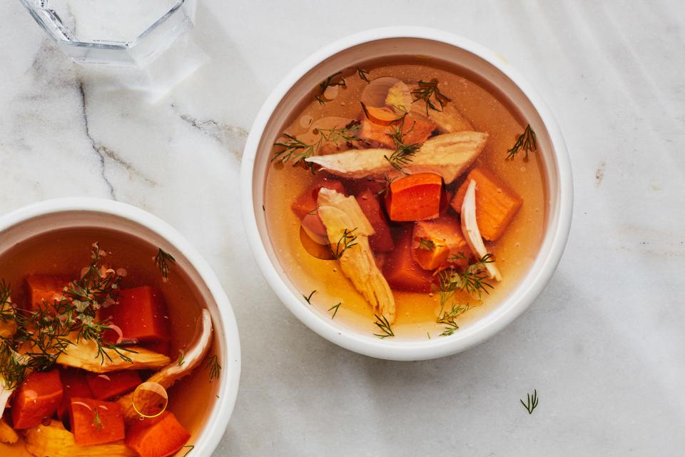 <h1 class="title">SUNDAY STASH Roasted Halved Sweet Potatoes chicken soup</h1><cite class="credit">Photo by Chelsea Kyle, Food Styling by Kat Boytsova</cite>
