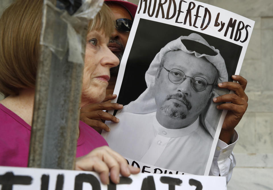 A protest at the Embassy of Saudi Arabia about the disappearance of Saudi journalist Jamal Khashoggi (AP)