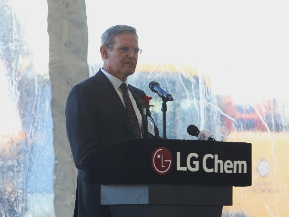 Gov. Bill Lee addresses the crowd of over 100 at the LG Chem groundbreaking ceremony in Clarksville, Tenn. on Dec. 19, 2023.