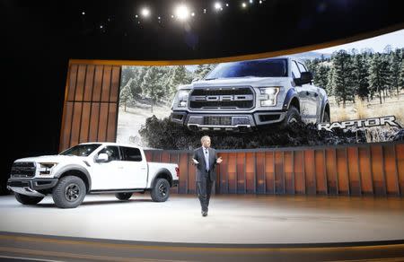 Joe Hinrichs, Executive VP and President, The Americas for Ford, introduces the 2017 Ford F-150 Raptor pickup truck at the North American International Auto Show in Detroit, January 11, 2016. REUTERS/Mark Blinch