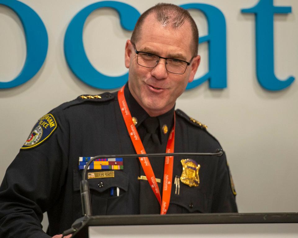 Framingham Police Deputy Chief Sean Riley speaks at the new Advocates Community Behavioral Health Center open house, Feb. 15, 2023.