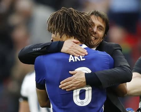 Britain Soccer Football - Tottenham Hotspur v Chelsea - FA Cup Semi Final - Wembley Stadium - 22/4/17 Chelsea manager Antonio Conte and Chelsea's Nathan Ake celebrate after the match Action Images via Reuters / Carl Recine Livepic