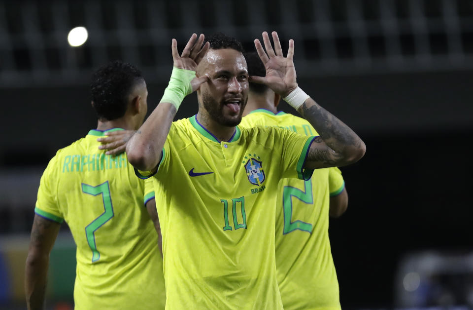 Brazil's Neymar celebrates scoring his side's 5th goal against Bolivia during a qualifying soccer match for the FIFA World Cup 2026 at Mangueirao stadium in Belem, Brazil, Friday, Sept. 8, 2023. (AP Photo/Bruna Prado)