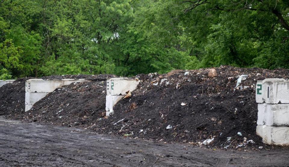 Food scraps mingle with wood chips and leaf mulch in several bays on the farm’s property, part of its sister operation, Compost Collective KC. Last year, the business took in over a million pounds of food waste.
