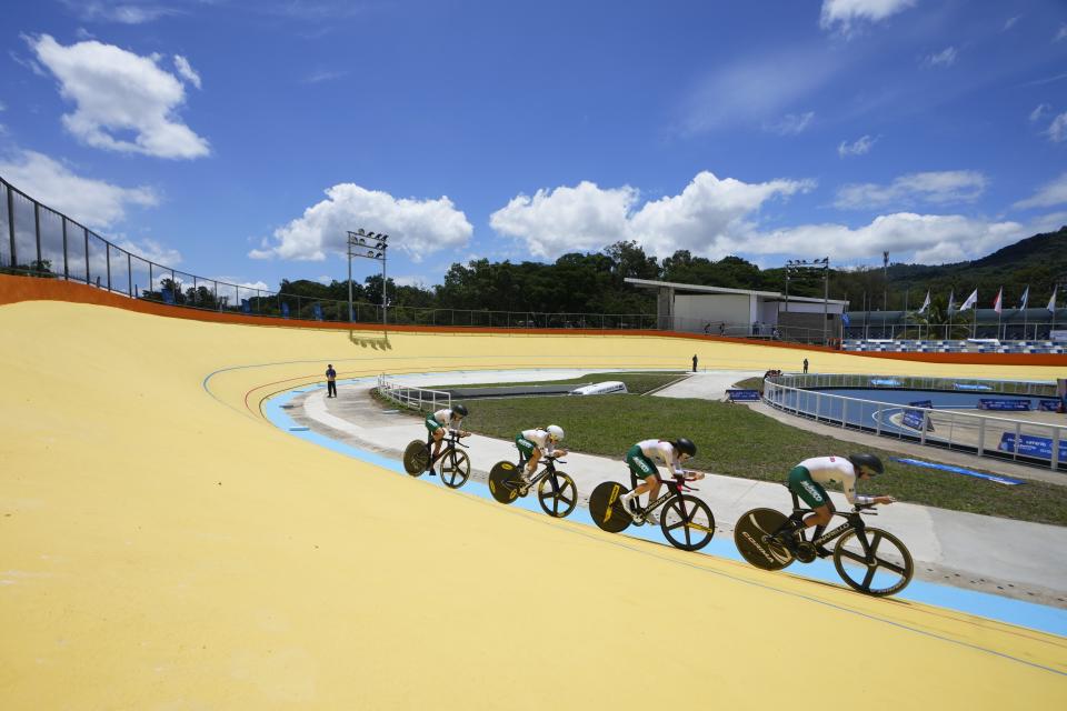 FILE - Mexico competes in the women's cycling track team pursuit qualifying heats at the Central American and Caribbean Games, in San Salvador, El Salvador, June 28, 2023. The games have offered President Nayib Bukele a chance to showcase a safer El Salvador in the largest international event in his country since his government entered an all-out war with gangs. (AP Photo/Arnulfo Franco, File)