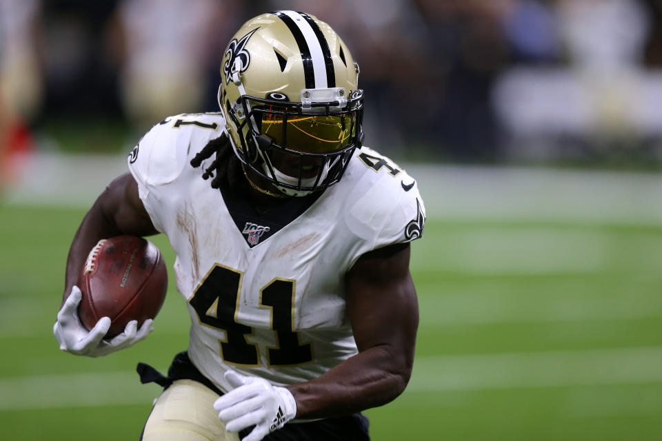 NEW ORLEANS, LOUISIANA - AUGUST 09: Alvin Kamara #41 of the New Orleans Saints runs with the ball during the first half of a preseason game against the Minnesota Vikings at the Mercedes Benz Superdome on August 09, 2019 in New Orleans, Louisiana. (Photo by Jonathan Bachman/Getty Images)