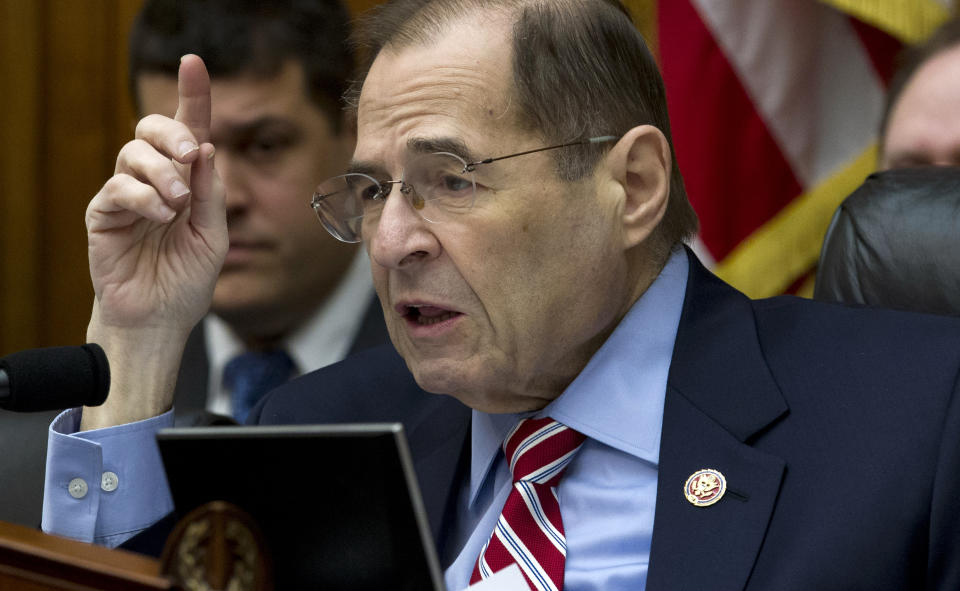 House Judiciary Committee Chairman Rep. Jerrold Nadler D-NY, speaks during a House Judiciary Committee debate to subpoena Acting Attorney General Matthew Whitaker, on Capitol Hill in Washington, Thursday, Feb. 7, 2019. (AP Photo/Jose Luis Magana)