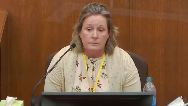 Former Brooklyn Center police Officer Kim Potter takes questions from the prosecution as she testifies in court, Dec. 17, at the Hennepin County Courthouse in Minneapolis. (Photo: Court TV via Associated Press)