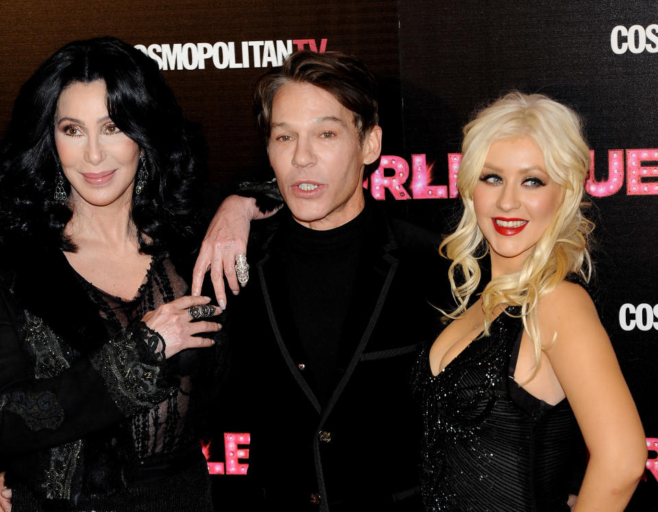 Cher, director Steven Antin, and Christina Aguilera attend "Burlesque" premiere at Callao cinema on December 9, 2010 in Madrid, Spain