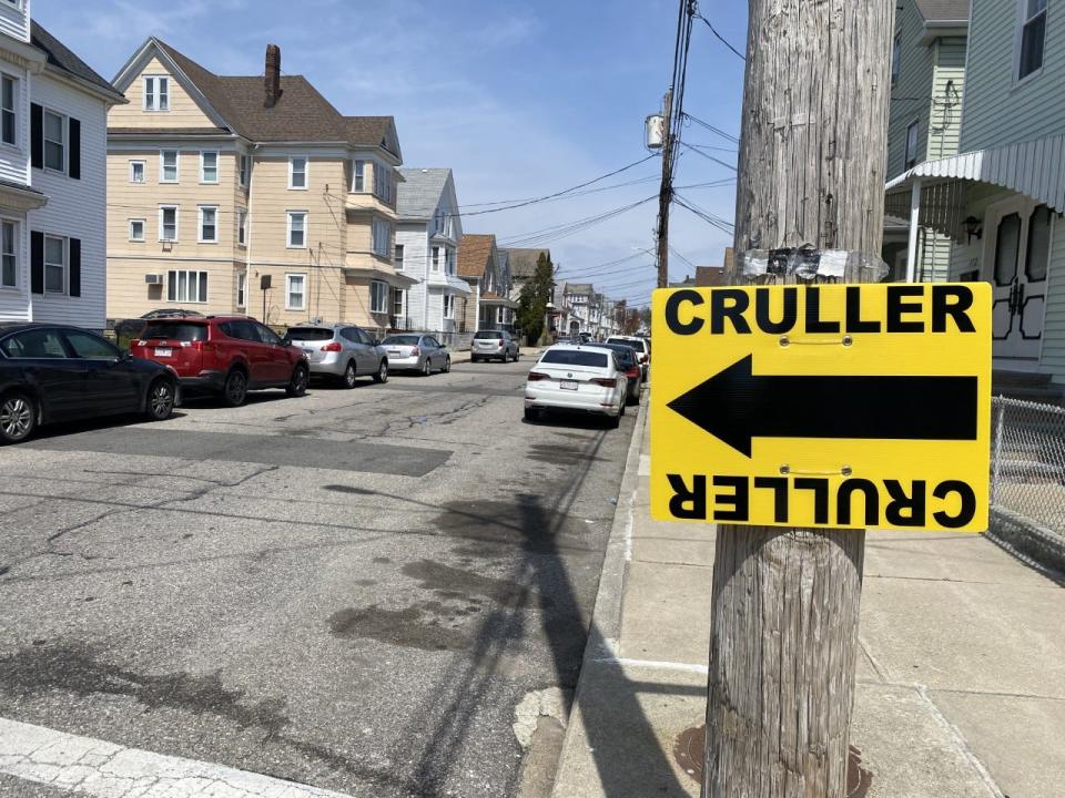 Signs for 'Finestkind' (aka 'Cruller') filming in New Bedford are seen on Briggs Street in this file photo.