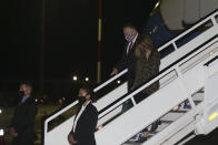 U.S. Secretary of State Mike Pompeo, rear, and his wife Susan, arrive in the northern city of Thessaloniki, Greece, Monday, Sept. 28, 2020. Secretary Pompeo is on a two-day visit to Greece during which he will meet Greek Prime Minister Kyriakos Mitsotakis and Foreign Minister Nikos Dendias, and he will visit the Naval Support Activity base of Souda on the island of Crete. (AP Photo/Giannis Papanikos, Pool)