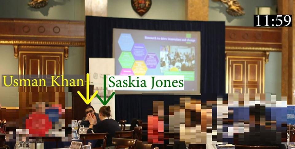 An image shown at the inquest, showing Usman Khan and Saskia Jones sat at a table together at the Learning Together event where Khan later killed herMetropolitan Police