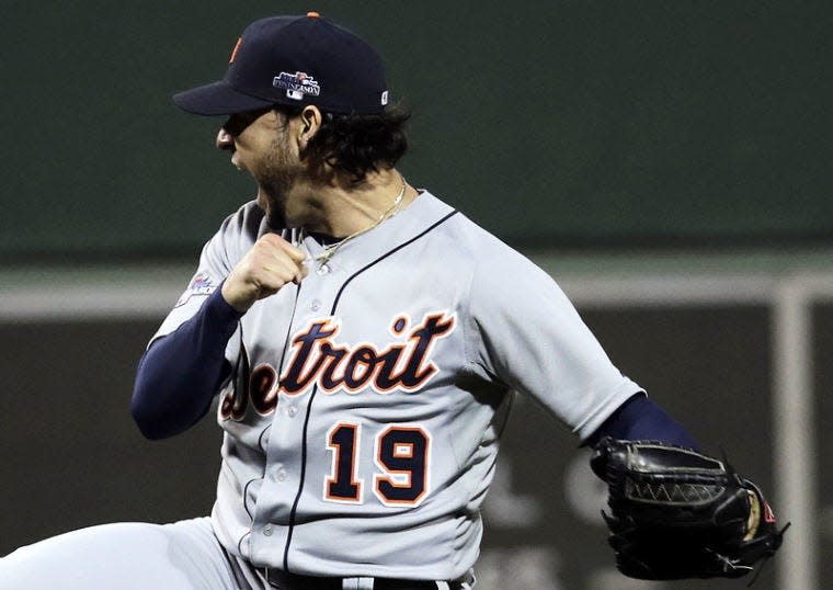 Detroit Tigers starting pitcher Anibal Sanchez reacts after striking out Boston Red Sox's Stephen Drew with the bases loaded to end the sixth inning in Game 1 of the American League baseball championship series Saturday, Oct. 12, 2013, in Boston. (AP Photo/Charles Krupa)