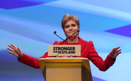 Scotland's First Minister Nicola Sturgeon delivers her speech during the Scottish National Party's (SNP) Spring Conference in Glasgow, Scotland March 12, 2016. REUTERS/Russell Cheyne