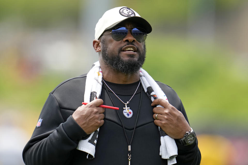 Pittsburgh Steelers head coach Mike Tomlin watches the team's NFL OTA's football practice in Pittsburgh, Tuesday, May 21, 2024. (AP Photo/Gene J. Puskar)