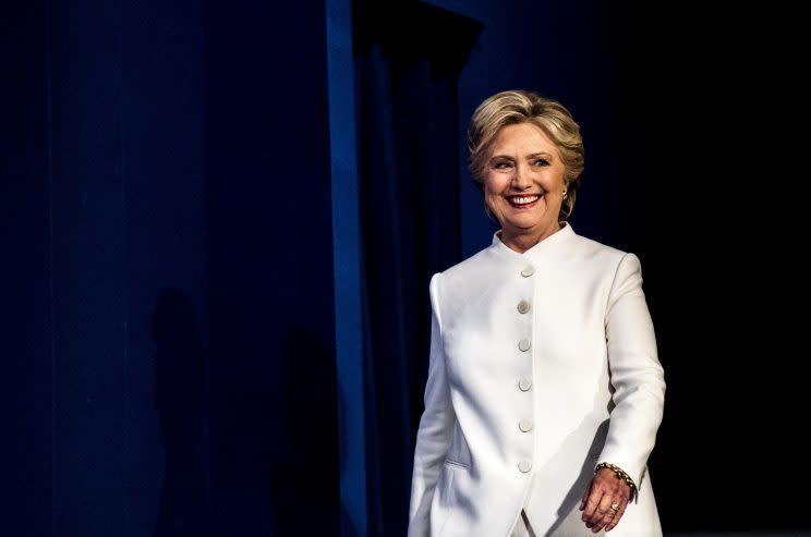 Hillary Clinton wore a crisp, white Ralph Lauren pantsuit for her final debate against Donald Trump in Las Vegas. (Photo: Getty Images)