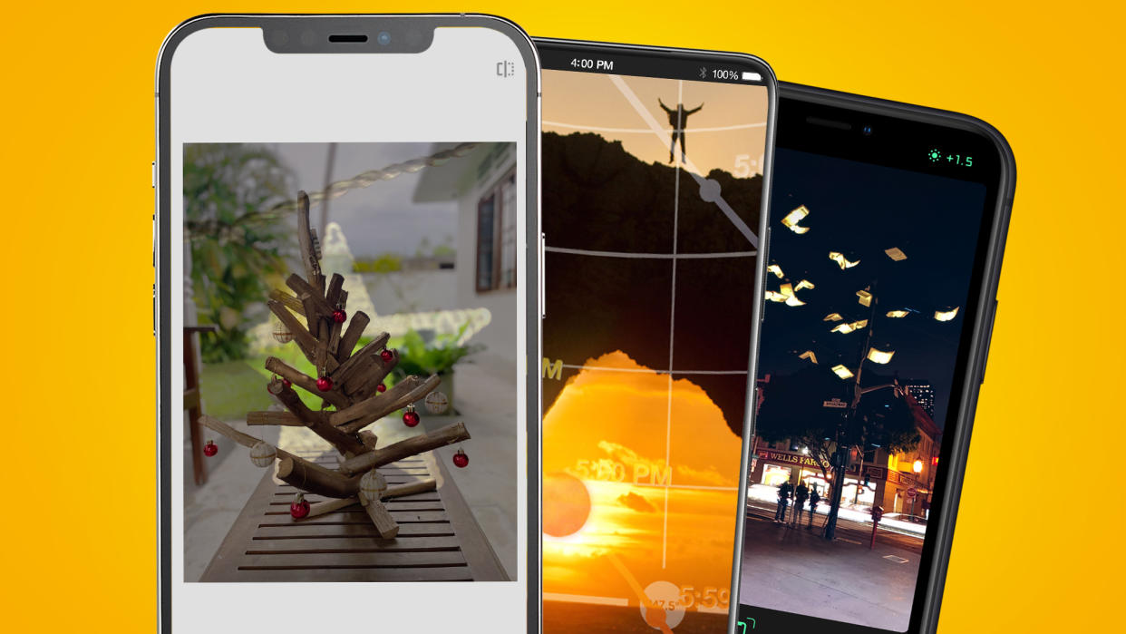  Three phones on an orange background showing Christmas photo tricks for a tree, sunset and party. 