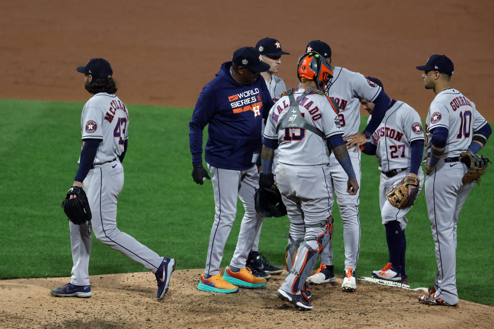 Lance McCullers Jr. allowed an MLB postseason record five home runs before Astros manager Dusty Baker finally pulled him in World Series Game 3. (Photo by Al Bello/Getty Images)