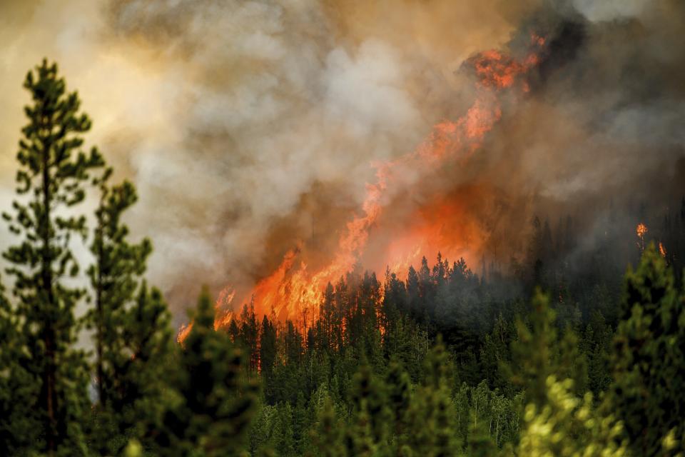 FILE - Flames from the Donnie Creek wildfire burn along a ridge top north of Fort St. John, British Columbia, on July 2, 2023. At about summer's halfway point, the record-breaking heat and weather extremes are both unprecedented and unsurprising, hellish yet boring in some ways, scientists say. (AP Photo/Noah Berger, File)