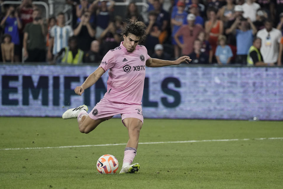 Inter Miami midfielder Benjamin Cremaschi takes a penalty kick in extra time during a U.S. Open Cup semifinal soccer match against FC Cincinnati, Wednesday, Aug. 23, 2023, in Cincinnati. Cremashi scored on the attempt, and Inter Miami defeated FC Cincinnati, 5-4, on penalty kicks. (AP Photo/Joshua A. Bickel)