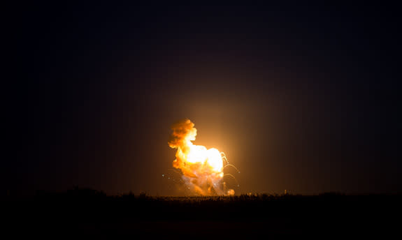 The Orbital Sciences Corporation Antares rocket, with the Cygnus spacecraft onboard suffers a catastrophic anomaly moments after launch from the Mid-Atlantic Regional Spaceport Pad 0A, Tuesday, Oct. 28, 2014, at NASA's Wallops Flight Facility i