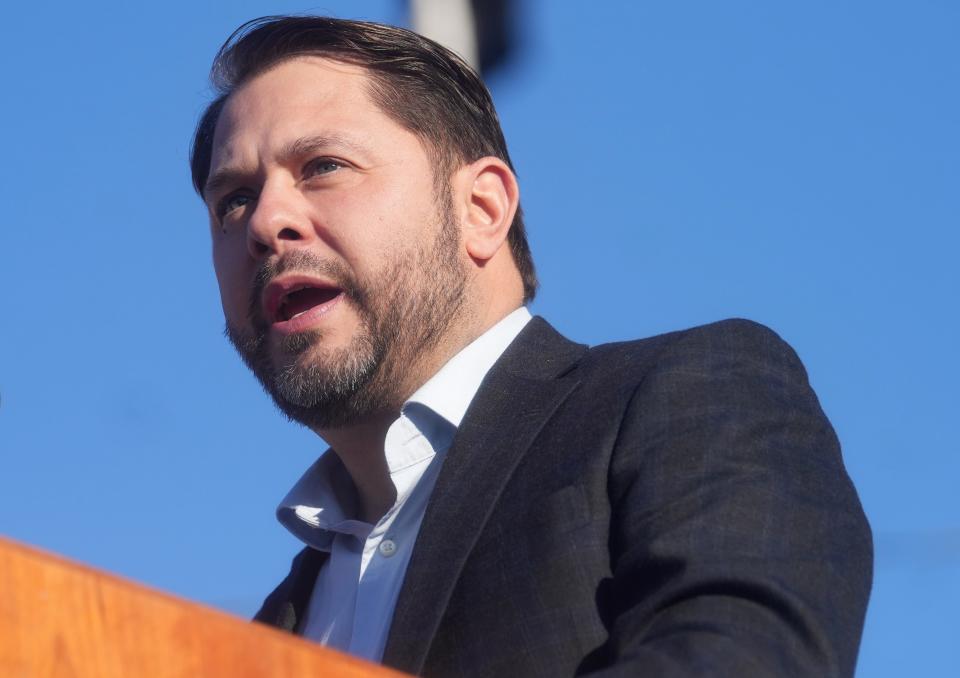 Rep. Ruben Gallego speaks during a public rally at Grant Park in Phoenix on Saturday, Jan. 28, 2023, kicking off his U.S. Senate campaign. 