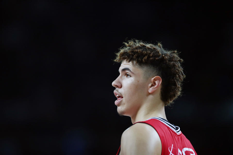 LaMelo Ball of the Hawks looks on during the round 9 NBL match between the New Zealand Breakers and the Illawarra Hawks at Spark Arena on November 30, 2019 in Auckland, New Zealand.