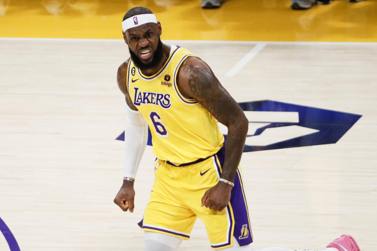 Los Angeles Lakers forward LeBron James reacts after a 3-point shot during the third quarter against the Oklahoma City Thunder at Crypto.com Arena on Feb. 7, 2023 in Los Angeles. (Robert Gauthier / Los Angeles Times via Getty Images)