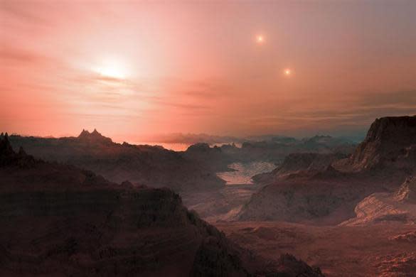 This artist's impression shows a sunset seen from the super-Earth Gliese 667 Cc. The brightest star in the sky is the red dwarf Gliese 667 C, which is part of a triple star system. The other two more distant stars, Gliese 667 A and B appear in the sky also to the right. Astronomers have estimated that there are tens of billions of such rocky worlds orbiting faint red dwarf stars in the Milky Way alone.