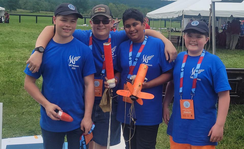 From the left, Zeke Trimmer, Jacob Yingling, Gautham Narayan, Xavier Bowman during the rocket competition. The Spring Grove Area Middle School students placed second at the National Finals.