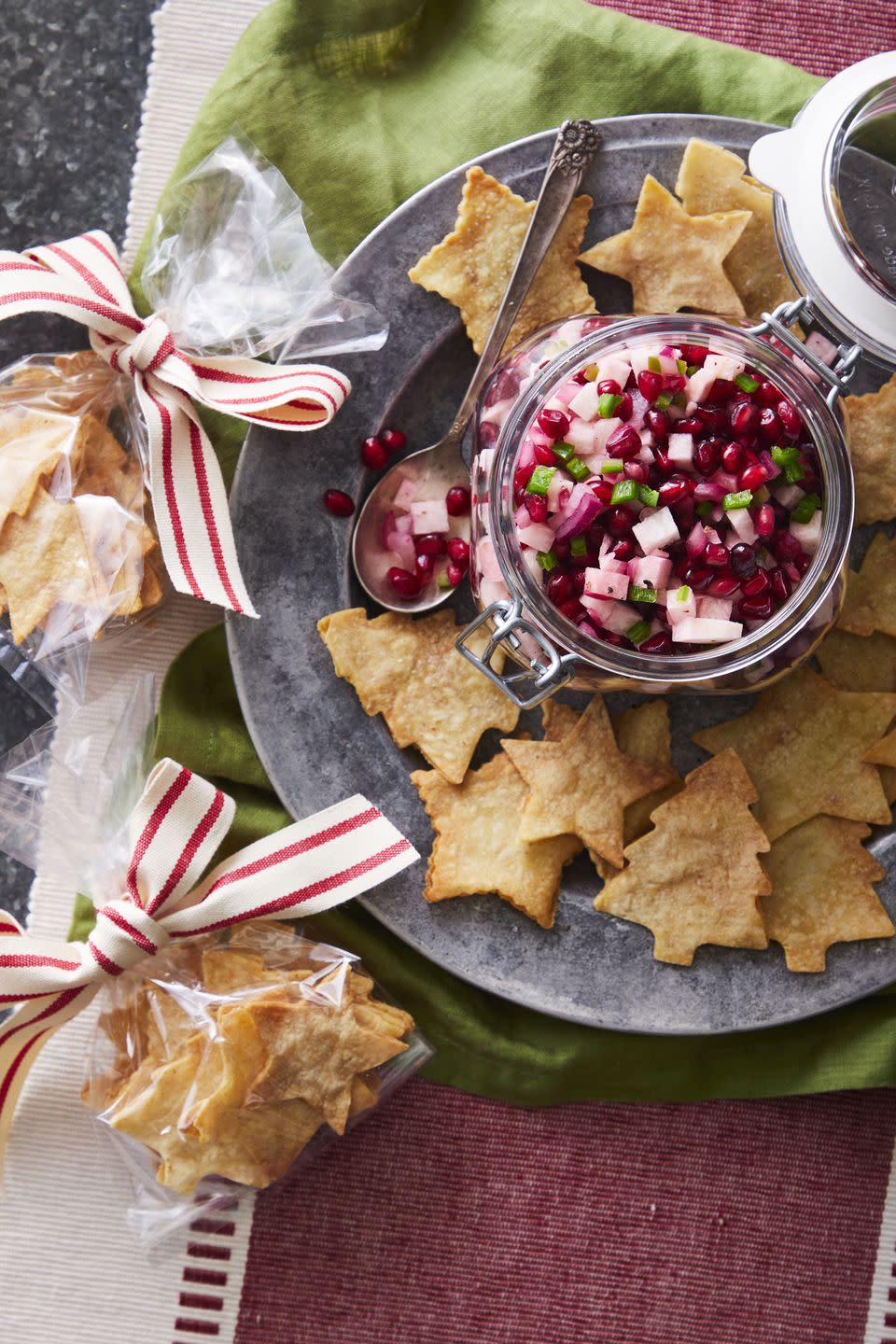 holiday salsa with festive tortilla chips