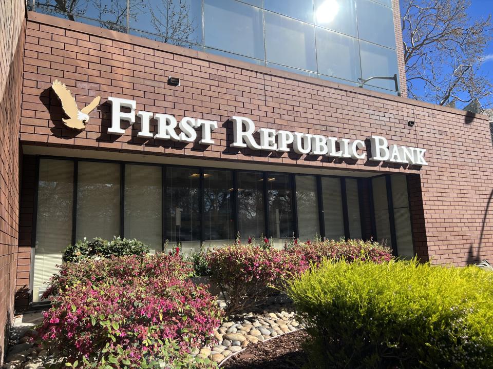 Exterior of First Republic Bank building with brick facade, plants, and flowerpots on the property, Walnut Creek, California, March 30, 2023. (Photo by Smith Collection/Gado/Getty Images)