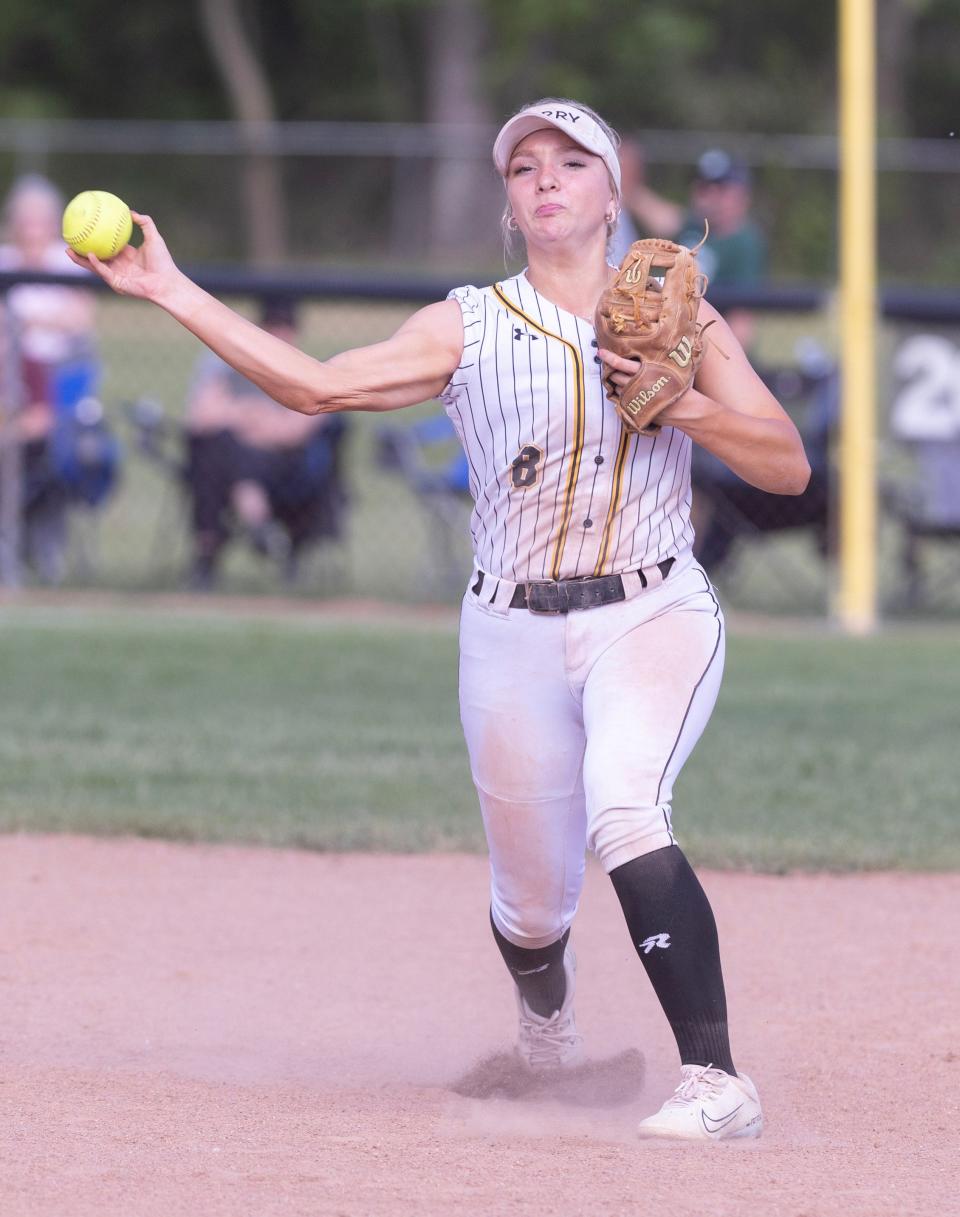 Perry infielder Delaney Ellis throws to first for an out during Wednesday's game against GlenOak.