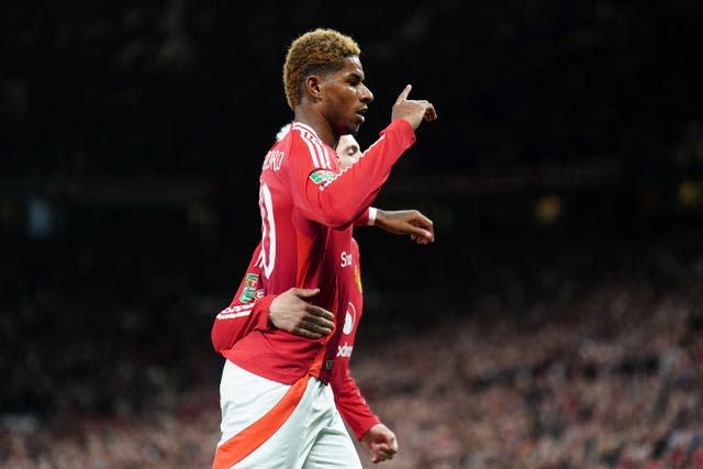 Marcus Rashford celebrates scoring Manchester United's opener against Barnsley