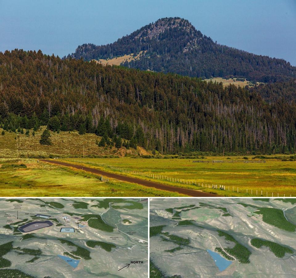 Top: A picture of the project site and Black Butte, the feature for which the proposed mine is named. Bottom left: A rendering of what the site will look like during full-scale mining operations. Bottom right: A rendering of what the site will look like after reclamation.&nbsp; (Photo: Sandfire Resources America)