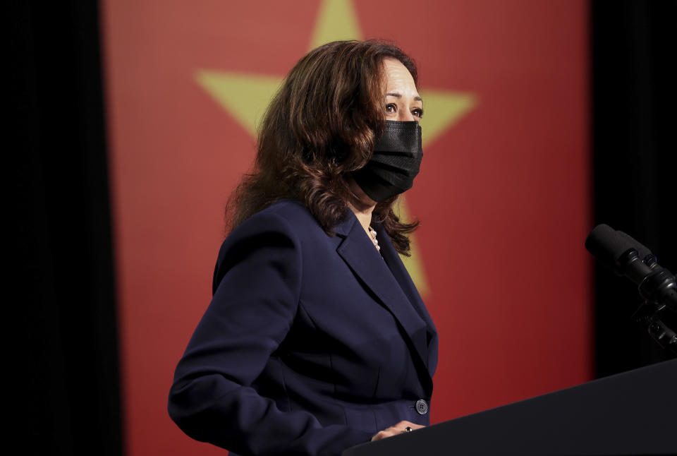 U.S. Vice President Kamala Harris delivers remarks during the official launch of the Centers for Disease Control and Prevention Southeast Asia regional office in Hanoi, Vietnam, Wednesday, Aug. 25, 2021. (Evelyn Hockstein/Pool Photo via AP)