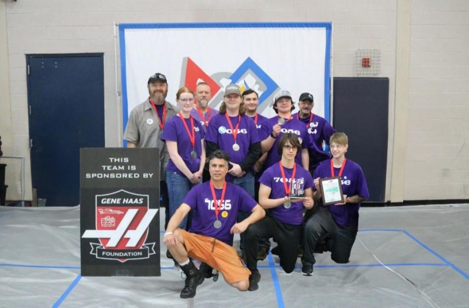 The Fowlerville FIRST Robotics Team has secured a spot in the prestigious FIRST Robotics World Championship in Houston. Front, from left: Assistant Coach Mike Dailey, Tyler Dailey, Cameron Cook; Middle, from left: Student Mentor/Alumni Claire Schwarz, Spencer Drummond, Hunter Arledge-Teran; Back, from left: Mentor Steve Schwarz, Mentor Vaden Cook, Jason Smyczyski, Head Coach Ray Burr.