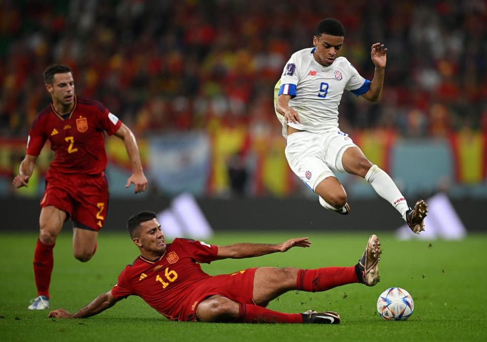 Costa Rica’s Jewison Bennette is tackled by Spain’s Rodri oduring the FIFA World Cup Qatar 2022 Group E match at Al Thumama Stadium (Clive Mason/Getty Images)