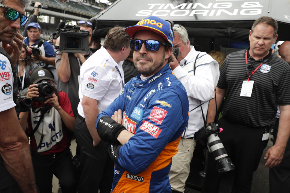 Fernando Alonso, of Spain, watches the final qualifier during qualifications for Indianapolis 500 IndyCar auto race at Indianapolis Motor Speedway, Sunday, May 19, 2019, in Indianapolis. Alonzo failed to make the field for the race. (AP Photo/Michael Conroy)