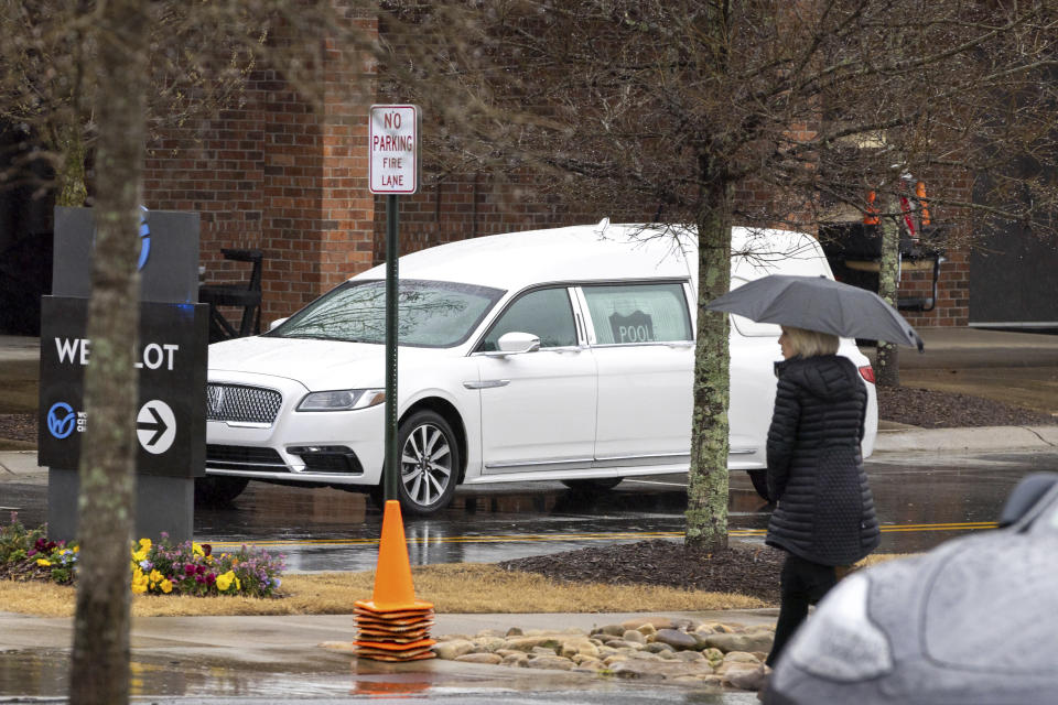 A person enters the funeral for Laken Riley, the 22-year-old nursing student who was killed last week on the University of Georgia campus, at Woodstock City Church in Woodstock, Ga., on Friday, March 1, 2024. (Arvin Temkar/Atlanta Journal-Constitution via AP)