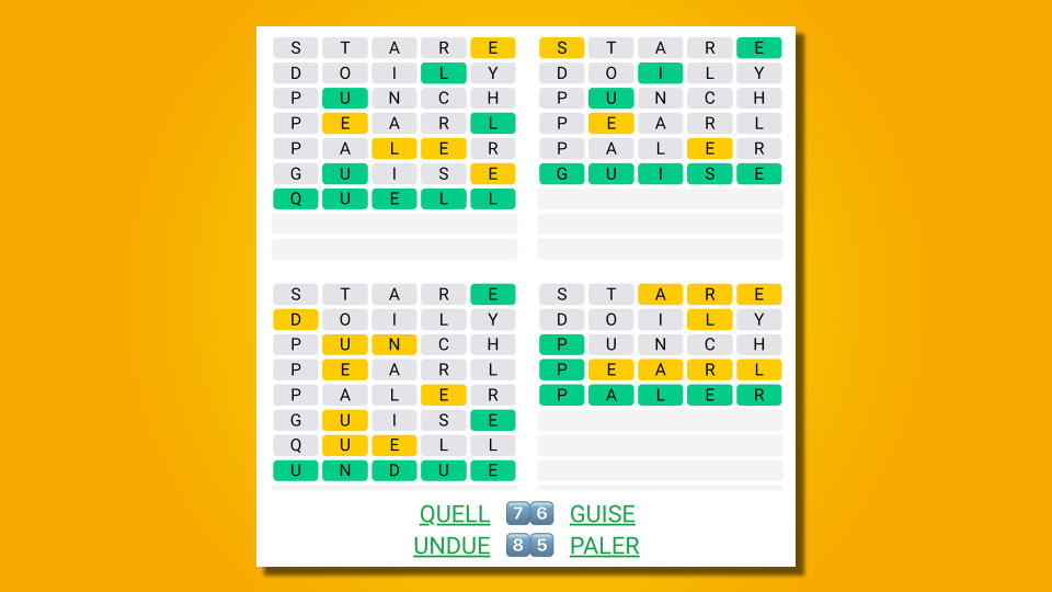 Quordle answers for game 499 on a yellow background