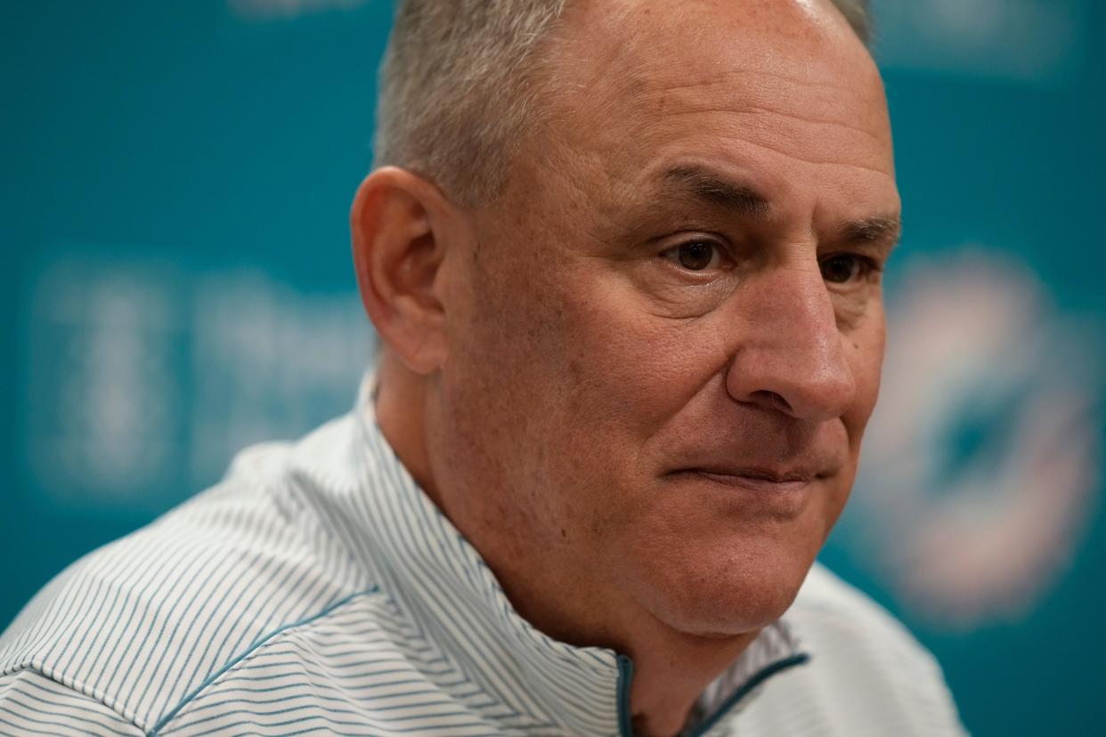 The Dolphins' new defensive coordinator Vic Fangio speaks on Feb. 20 during a news conference to introduce him to the press corps in Miami Gardens.