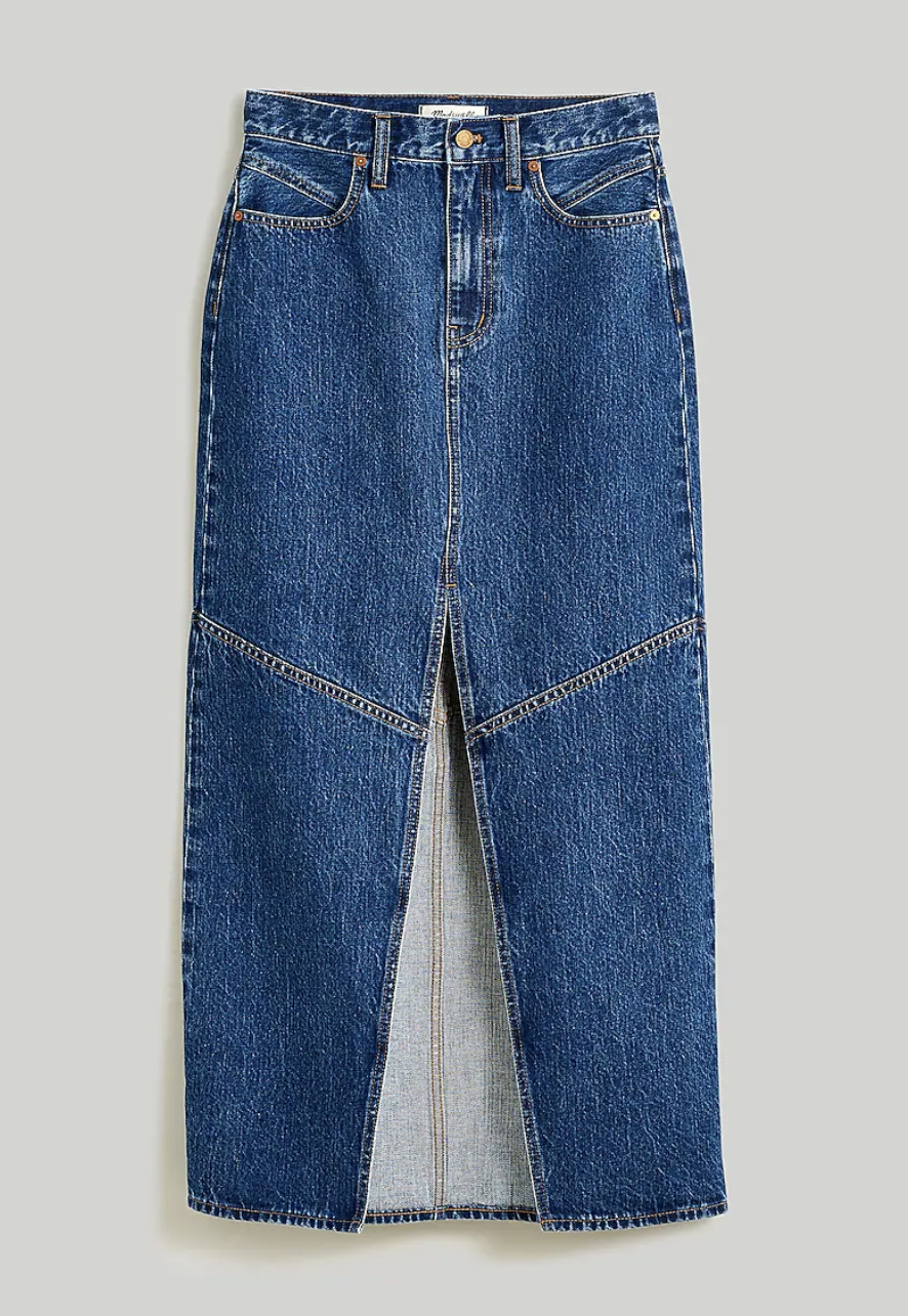 medium wash maxi denim skirt with front slit