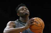New Orleans Pelicans' Zion Williamson practices before the team's NBA basketball game against the Boston Celtics on Saturday, Jan. 11, 2020, in Boston. (AP Photo/Winslow Townson)