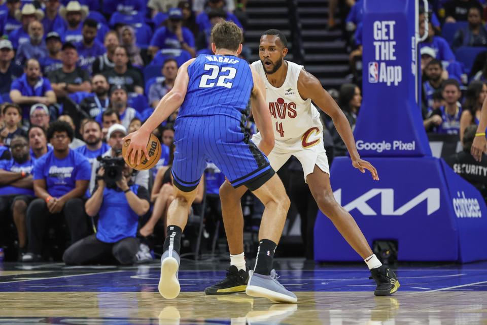 Cavaliers forward Evan Mobley defends Magic forward Franz Wagner during the first quarter of Game 3 of the first round of the NBA playoffs, April 25, 2024, in Orlando.