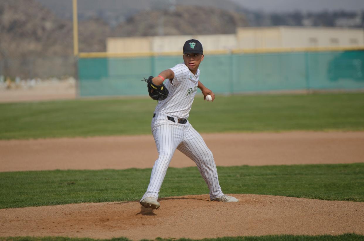 Victor Valley’s David Gutierrez delivers a pitch during the second inning against Barstow on Wednesday, April 12, 2023. Victor Valley defeated Barstow 6-3.