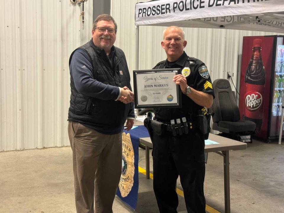 Prosser Police Sgt. John Markus was honored for 25 years of service in November. He has been named police chief.