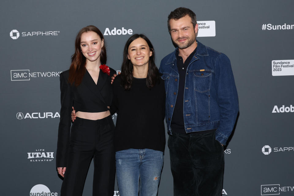 PARK CITY, UTAH - JANUARY 20: (L-R) Phoebe Dynevor, Director Chloe Domont and Alden Ehrenreich attend the 2023 Sundance Film Festival 